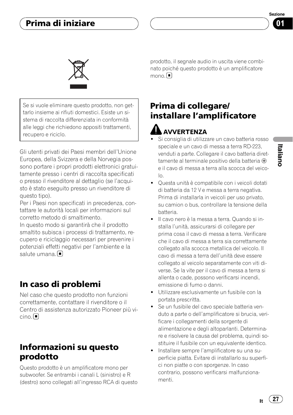Prima di iniziare, In caso di problemi, Informazioni su questo prodotto | Prima di collegare/installare, Amplificatore 27, Prima di collegare/ installare l ’amplificatore | Pioneer GM-D8500M User Manual | Page 27 / 88