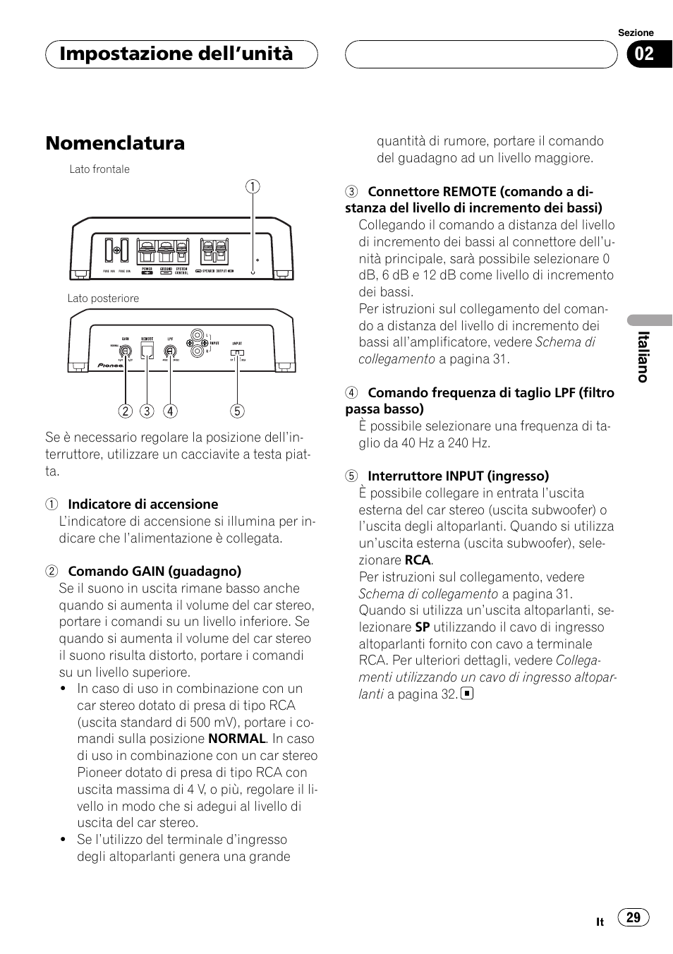 Impostazione dell, Unità, Nomenclatura | Impostazione dell ’unità | Pioneer GM-D8500M User Manual | Page 29 / 88