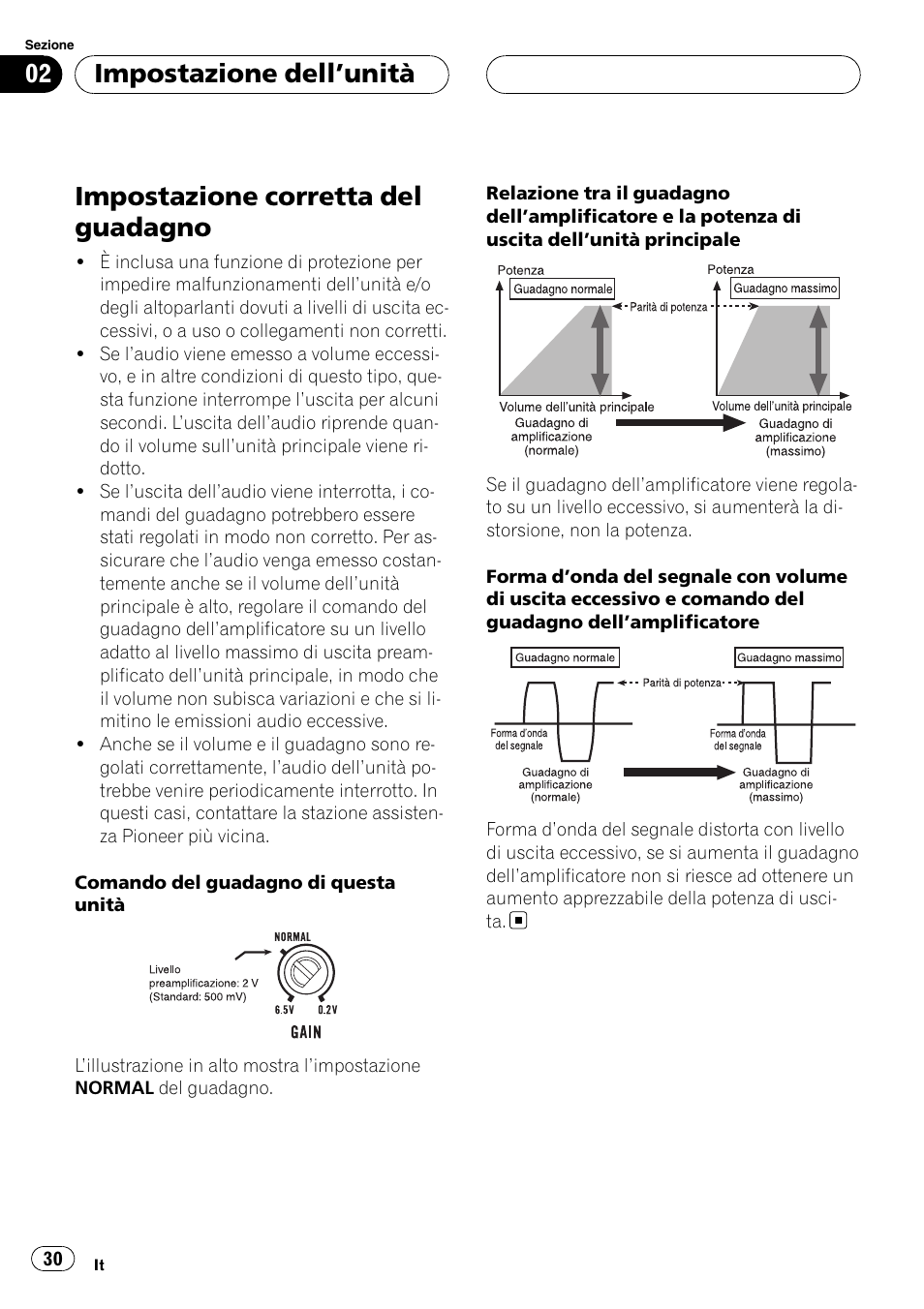 Impostazione corretta del guadagno, Impostazione dell ’unità | Pioneer GM-D8500M User Manual | Page 30 / 88