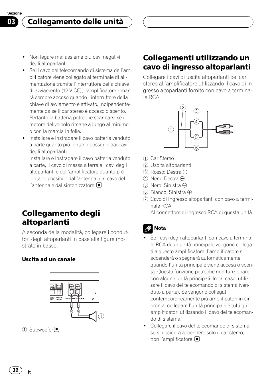 Collegamento degli altoparlanti, Collegamenti utilizzando un cavo di ingresso, Altoparlanti | Collegamento delle unità | Pioneer GM-D8500M User Manual | Page 32 / 88