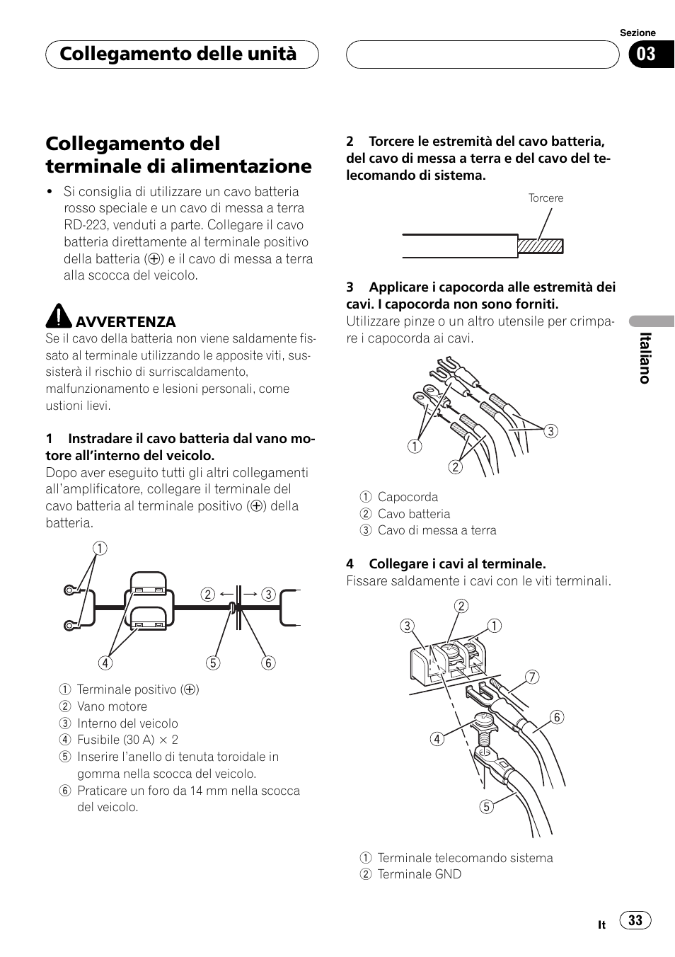 Collegamento del terminale di, Alimentazione, Collegamento del terminale di alimentazione | Collegamento delle unità | Pioneer GM-D8500M User Manual | Page 33 / 88