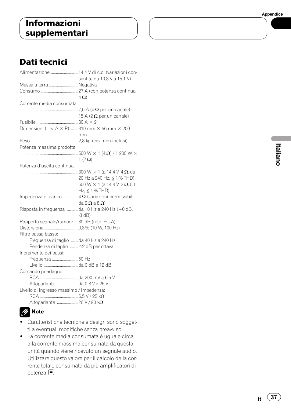 Informazioni supplementari dati tecnici, Dati tecnici, Informazioni supplementari | Italiano | Pioneer GM-D8500M User Manual | Page 37 / 88