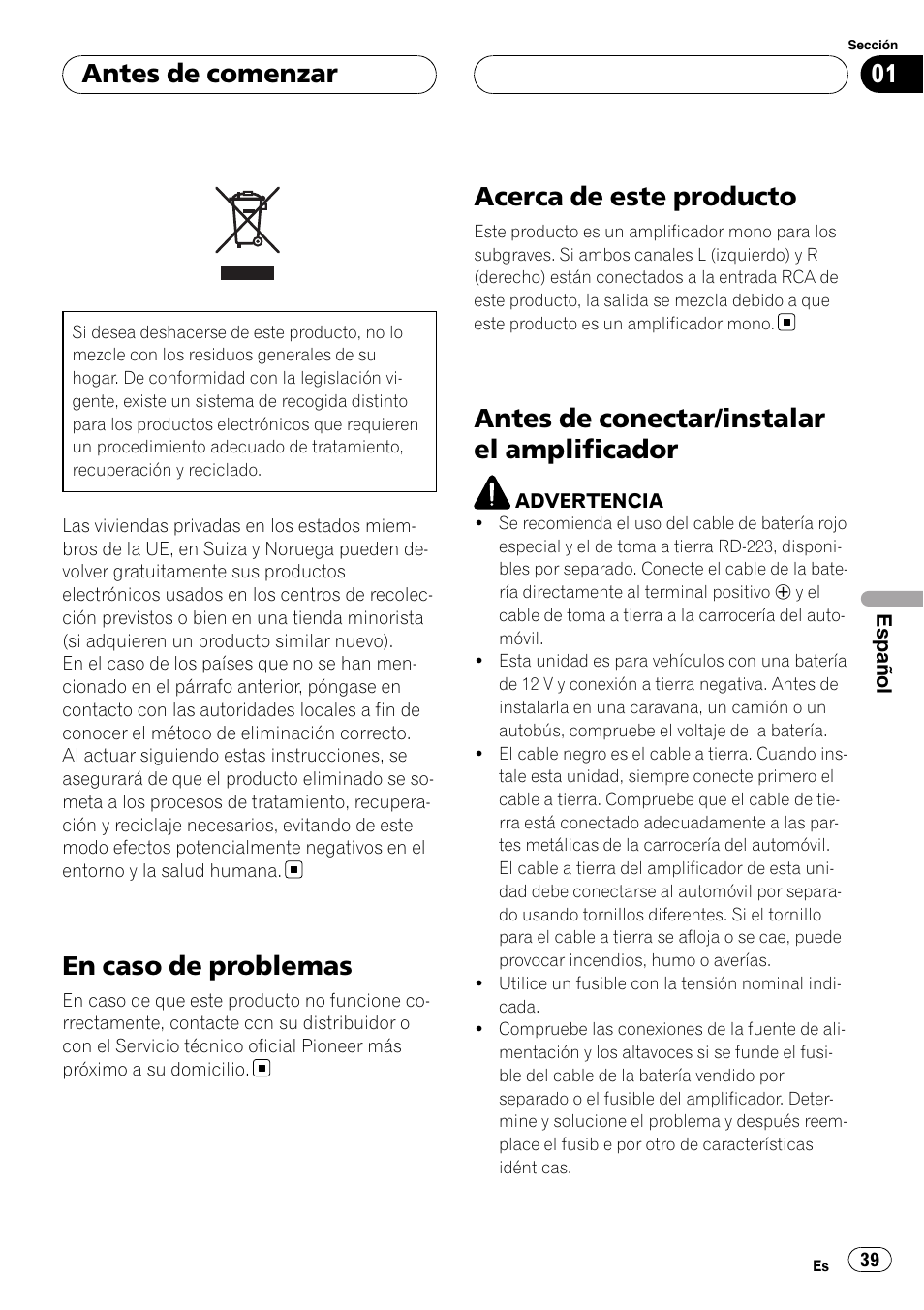 Antes de comenzar, En caso de problemas, Acerca de este producto | Antes de conectar/instalar el, Amplificador, Antes de conectar/instalar el amplificador | Pioneer GM-D8500M User Manual | Page 39 / 88