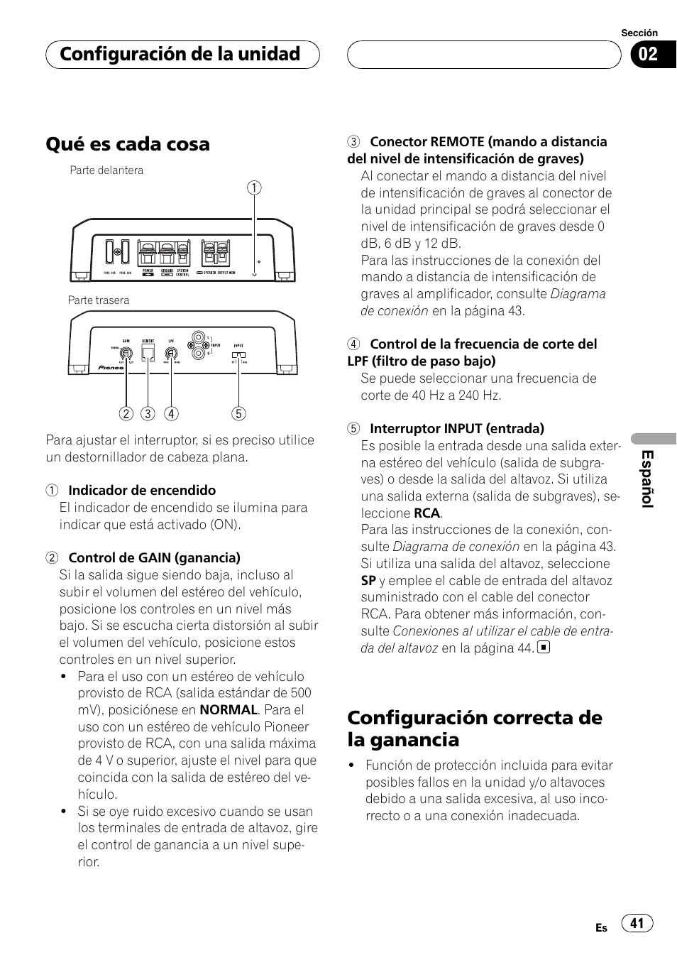 Configuración de la unidad qué es cada cosa, Configuración correcta de la ganancia, Qué es cada cosa | Configuración de la unidad | Pioneer GM-D8500M User Manual | Page 41 / 88