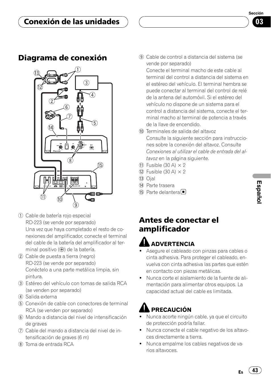 Conexión de las unidades diagrama de conexión, Antes de conectar el amplificador, Diagrama de conexión | Conexión de las unidades | Pioneer GM-D8500M User Manual | Page 43 / 88