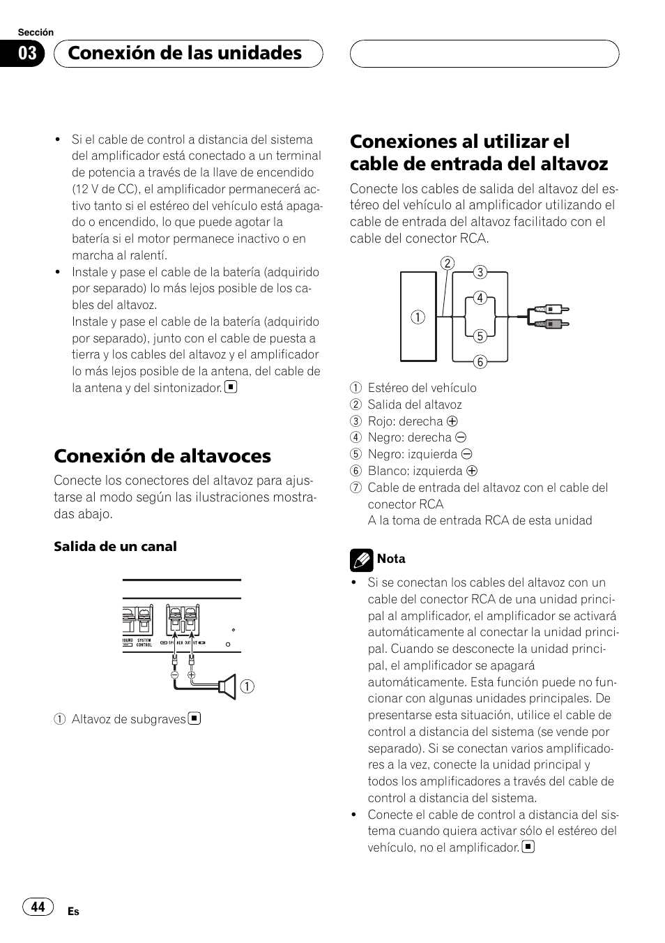 Conexión de altavoces, Conexiones al utilizar el cable de entrada del, Altavoz | Conexión de las unidades | Pioneer GM-D8500M User Manual | Page 44 / 88