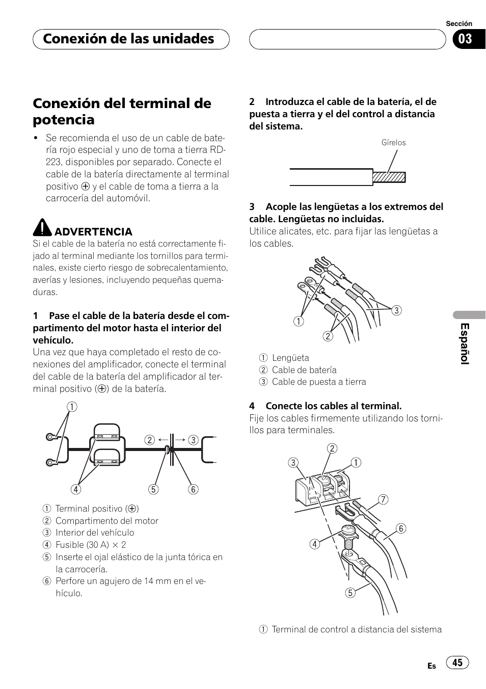 Conexión del terminal de potencia, Conexión de las unidades | Pioneer GM-D8500M User Manual | Page 45 / 88