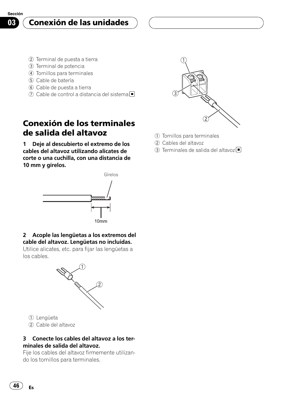Conexión de los terminales de salida del, Altavoz, Conexión de los terminales de salida del altavoz | Conexión de las unidades | Pioneer GM-D8500M User Manual | Page 46 / 88