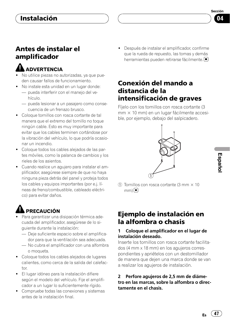 Instalación antes de instalar el amplificador, Conexión del mando a distancia de la, Intensificación de graves | Ejemplo de instalación en la alfombra o, Chasis, Antes de instalar el amplificador, Ejemplo de instalación en la alfombra o chasis, Instalación | Pioneer GM-D8500M User Manual | Page 47 / 88