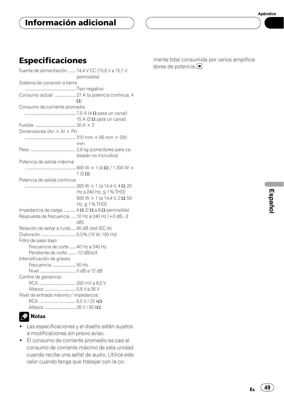 Información adicional especificaciones, Especificaciones, Información adicional | Español | Pioneer GM-D8500M User Manual | Page 49 / 88