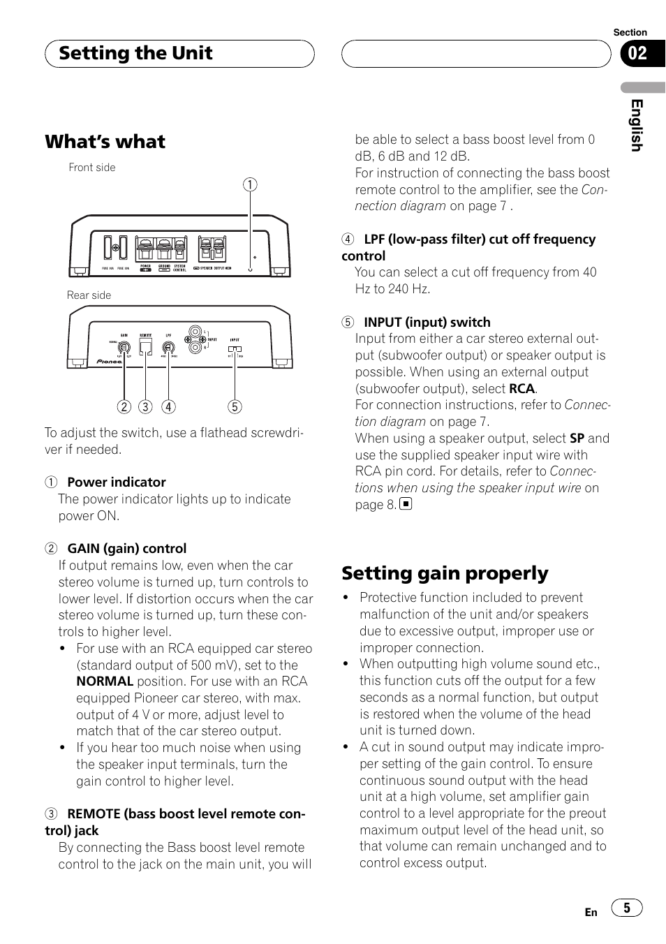 Setting the unit what, S what 5, Setting gain properly | What ’s what, Setting the unit | Pioneer GM-D8500M User Manual | Page 5 / 88