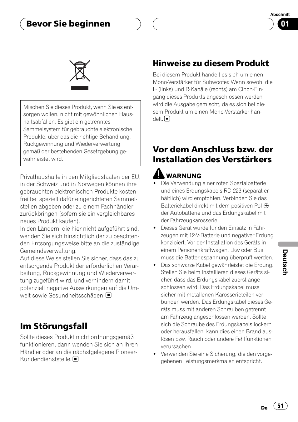 Bevor sie beginnen, Im störungsfall, Hinweise zu diesem produkt | Vor dem anschluss bzw. der installation des, Verstärkers | Pioneer GM-D8500M User Manual | Page 51 / 88