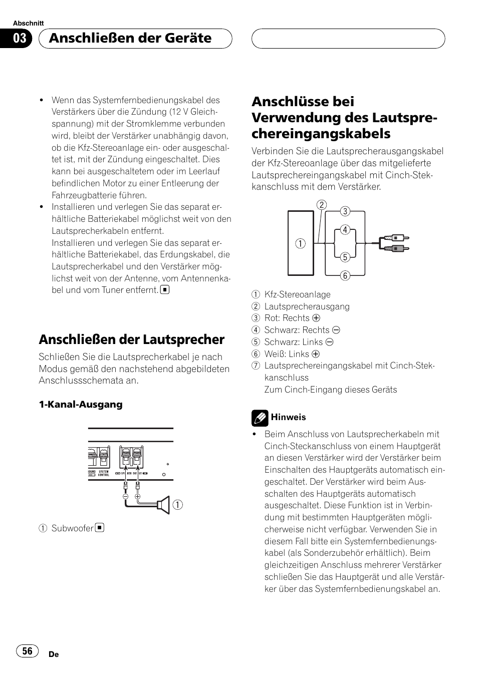 Anschließen der lautsprecher, Anschlüsse bei verwendung des, Lautsprechereingangskabels | Anschließen der geräte | Pioneer GM-D8500M User Manual | Page 56 / 88