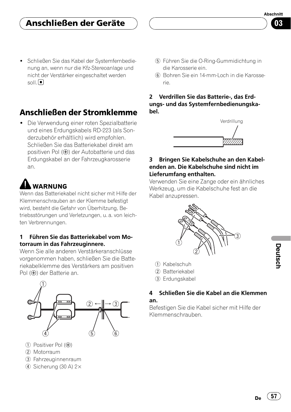 Anschließen der stromklemme, Anschließen der geräte | Pioneer GM-D8500M User Manual | Page 57 / 88
