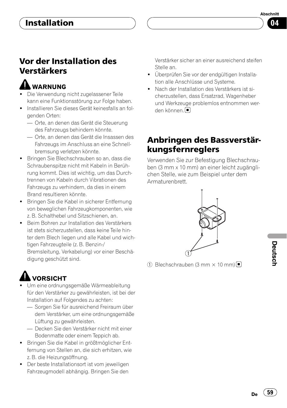 Installation vor der installation des verstärkers, Anbringen des, Bassverstärkungsfernreglers | Vor der installation des verstärkers, Anbringen des bassverstär- kungsfernreglers, Installation | Pioneer GM-D8500M User Manual | Page 59 / 88