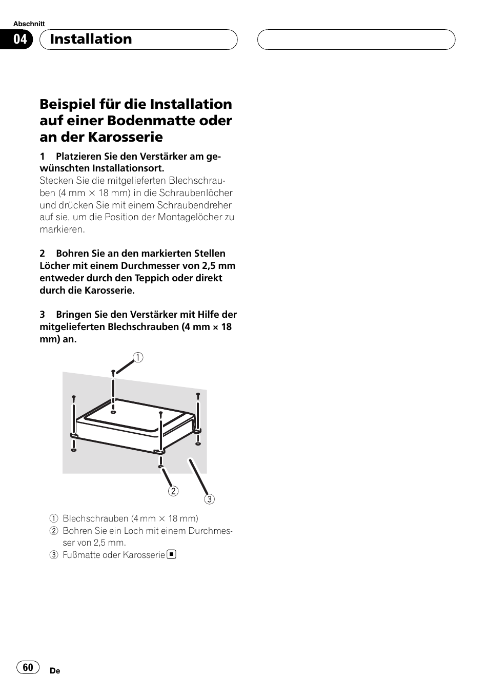 Beispiel für die installation auf einer, Bodenmatte oder an der karosserie, Installation | Pioneer GM-D8500M User Manual | Page 60 / 88