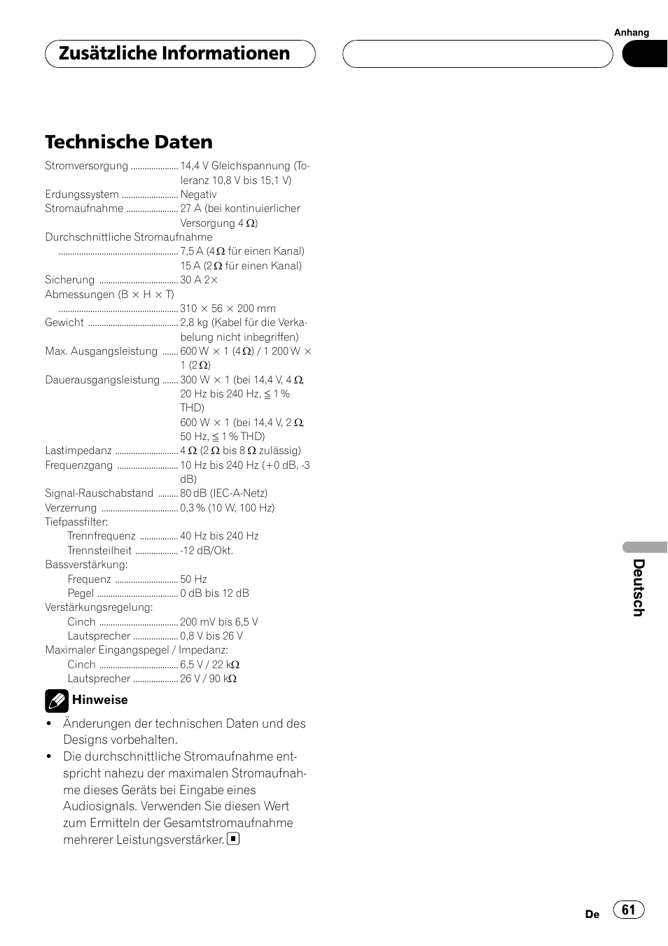 Zusätzliche informationen technische daten, Technische daten, Zusätzliche informationen | Deutsch | Pioneer GM-D8500M User Manual | Page 61 / 88