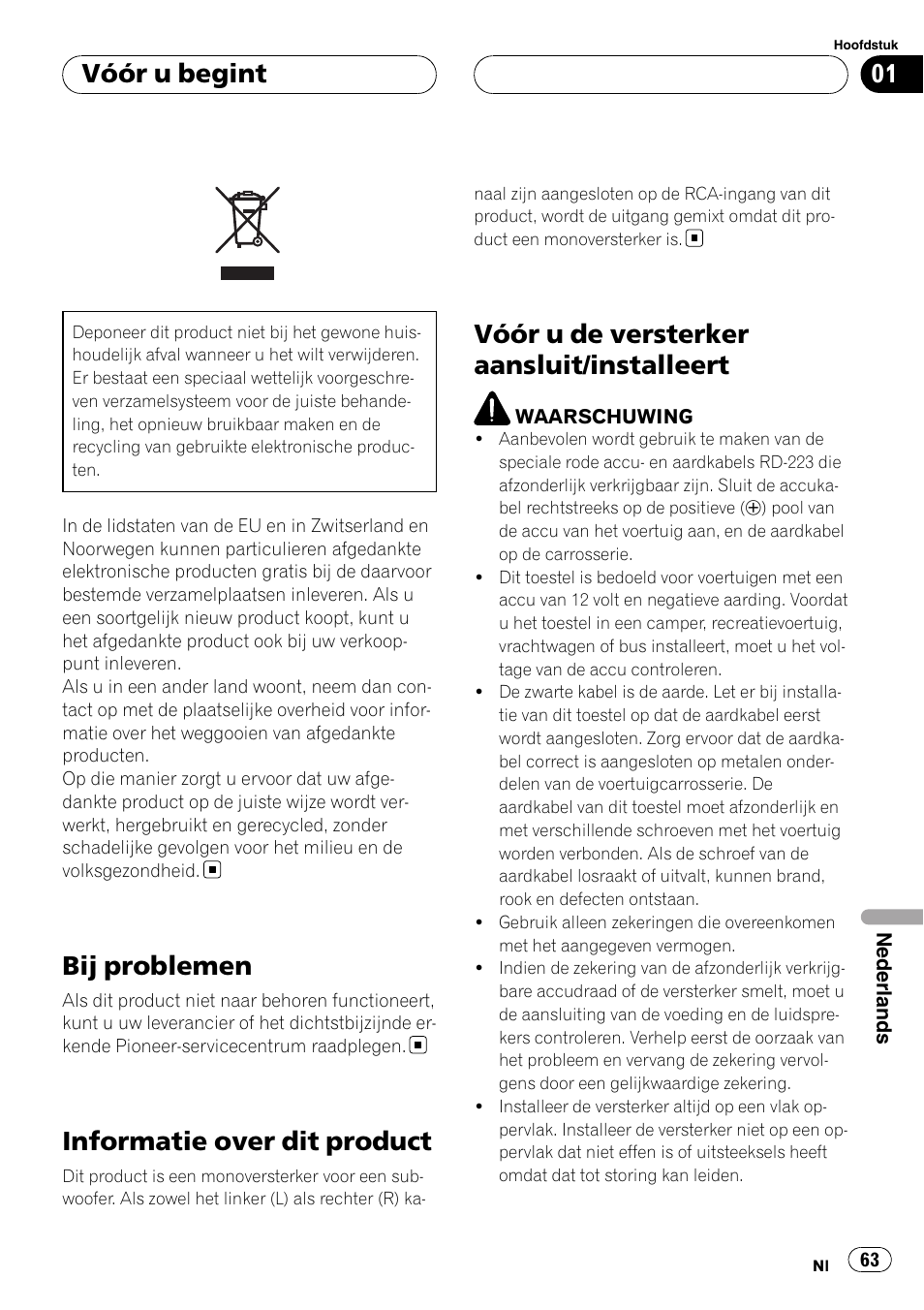 Vóór u begint, Bij problemen, Informatie over dit product | Vóór u de versterker aansluit/installeert | Pioneer GM-D8500M User Manual | Page 63 / 88