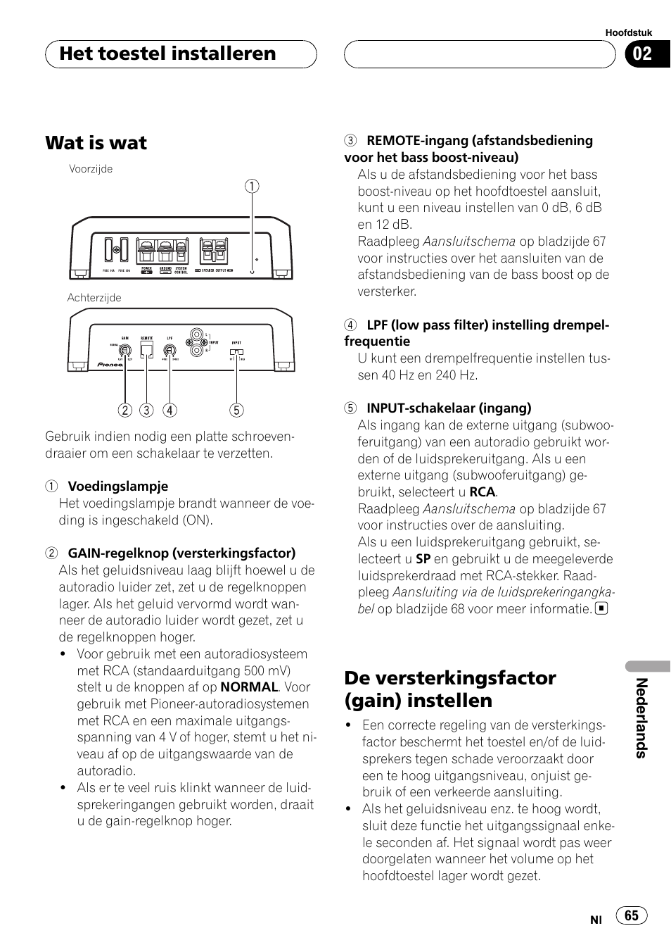 Het toestel installeren wat is wat, De versterkingsfactor (gain) instellen, Wat is wat | Het toestel installeren | Pioneer GM-D8500M User Manual | Page 65 / 88