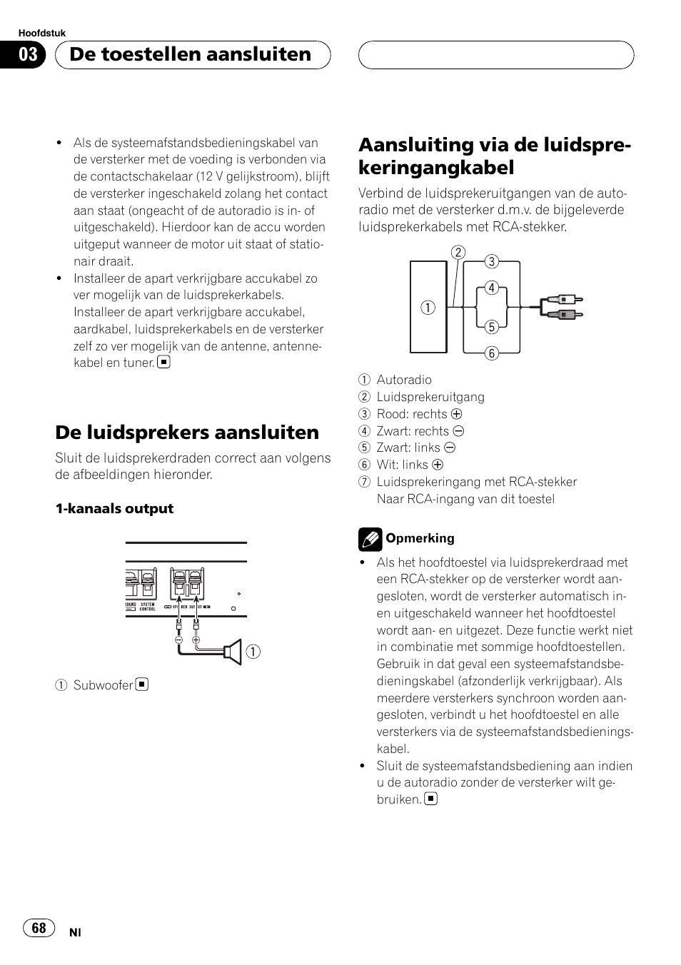 De luidsprekers aansluiten, Aansluiting via de, Luidsprekeringangkabel | Aansluiting via de luidspre- keringangkabel, De toestellen aansluiten | Pioneer GM-D8500M User Manual | Page 68 / 88