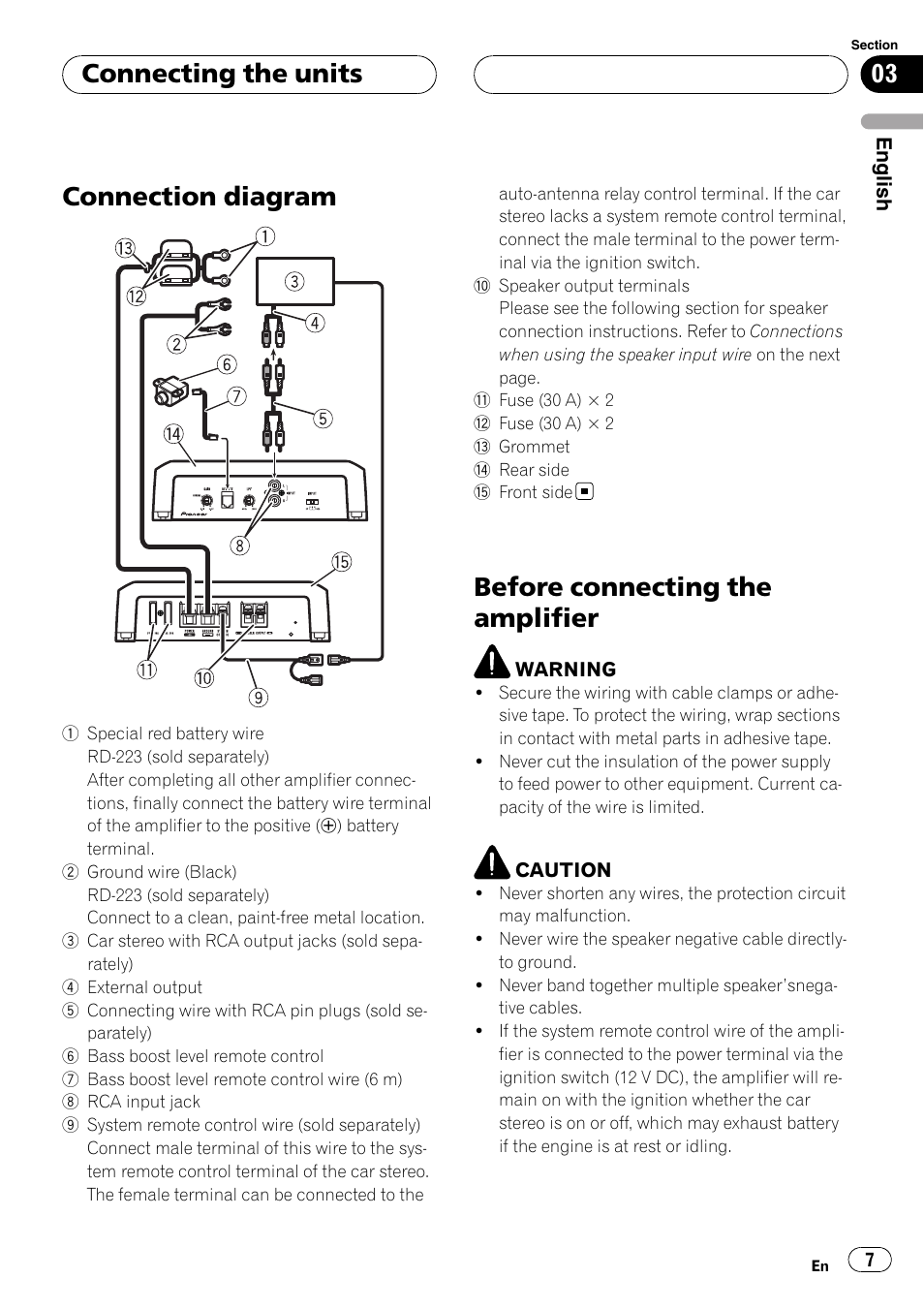 Connecting the units connection diagram, Before connecting the amplifier, Connection diagram | Connecting the units | Pioneer GM-D8500M User Manual | Page 7 / 88