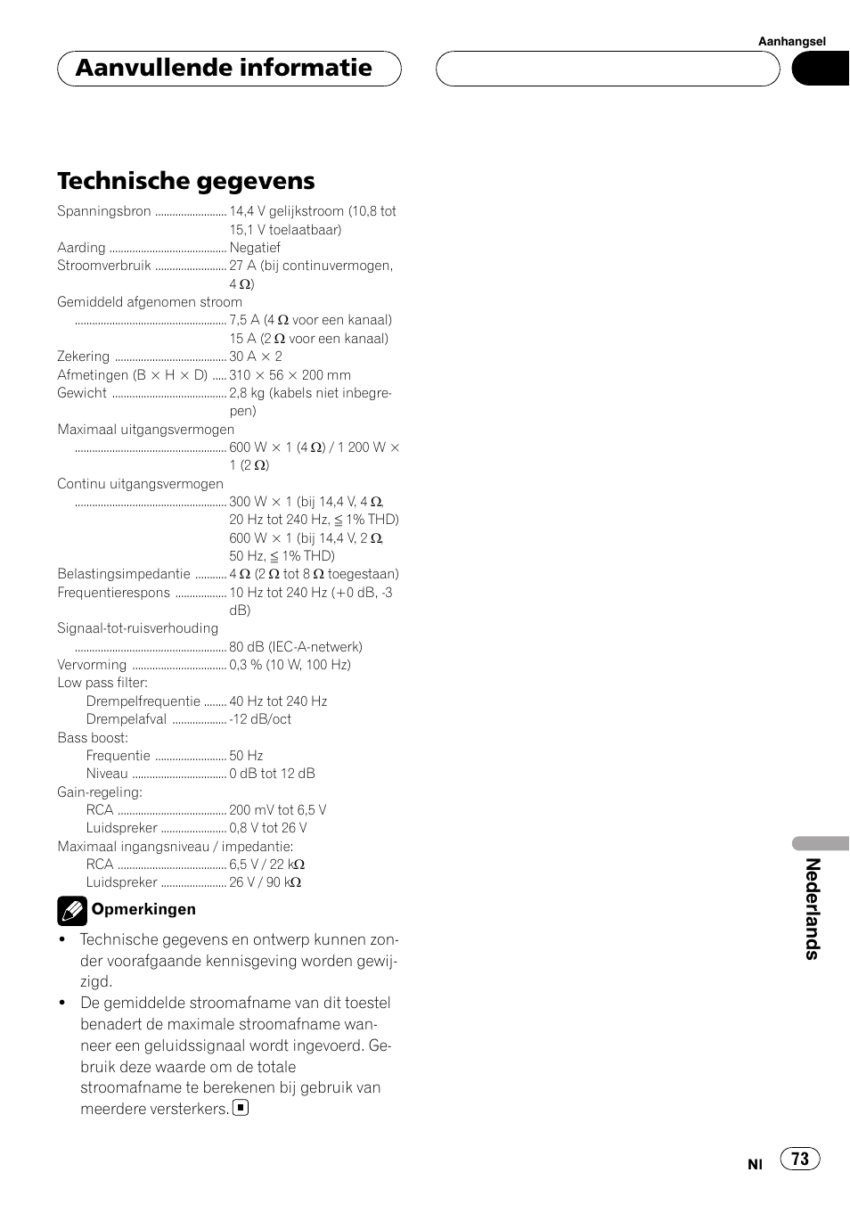 Aanvullende informatie technische gegevens, Technische gegevens, Aanvullende informatie | Nederlands | Pioneer GM-D8500M User Manual | Page 73 / 88