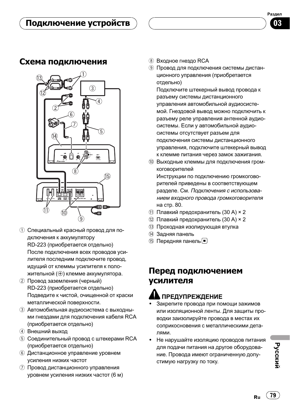 Схема подключения, Перед подключением усилителя, Подключение устройств | Pioneer GM-D8500M User Manual | Page 79 / 88