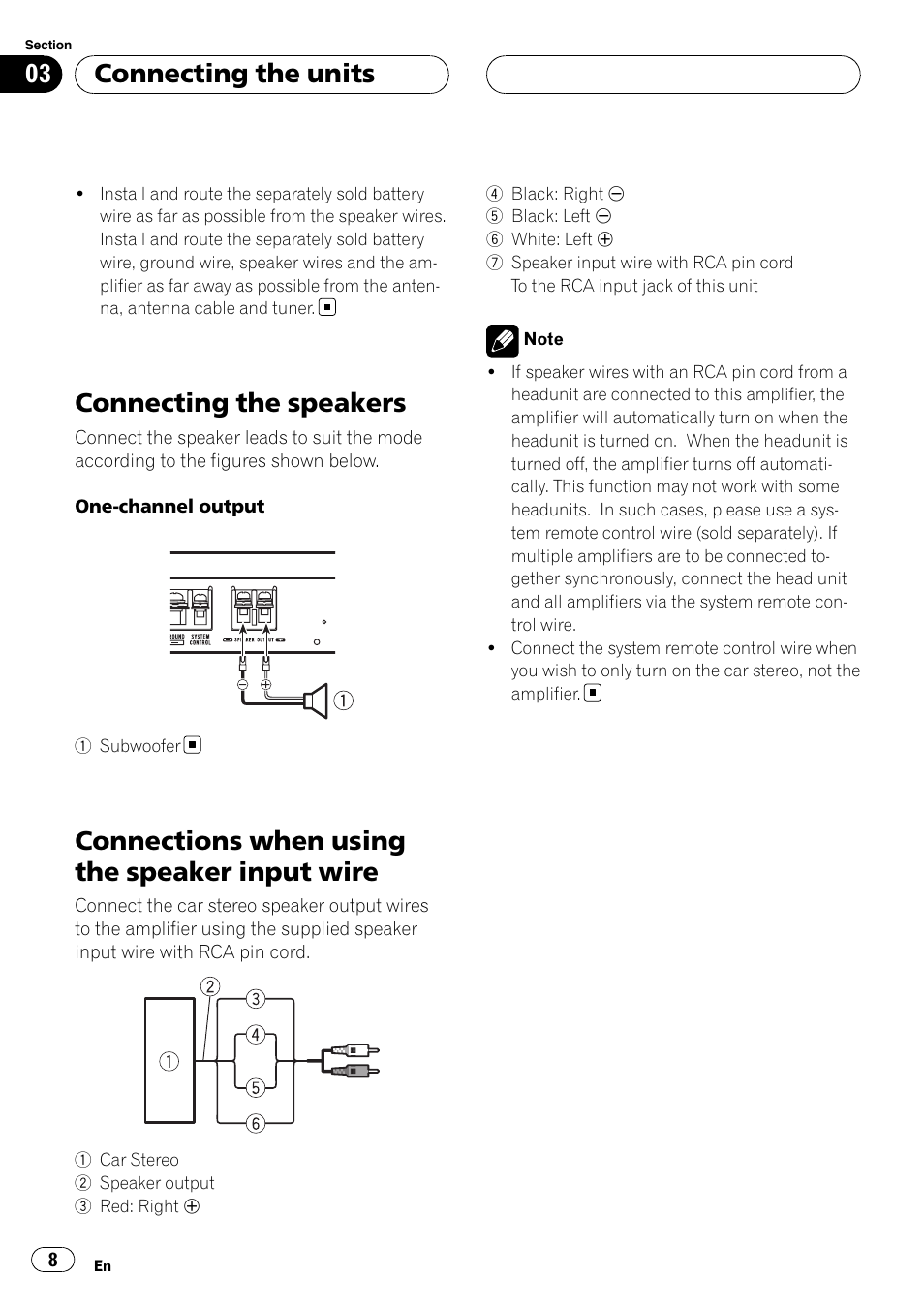 Connecting the speakers, Connections when using the speaker input, Wire | Connections when using the speaker input wire, Connecting the units | Pioneer GM-D8500M User Manual | Page 8 / 88