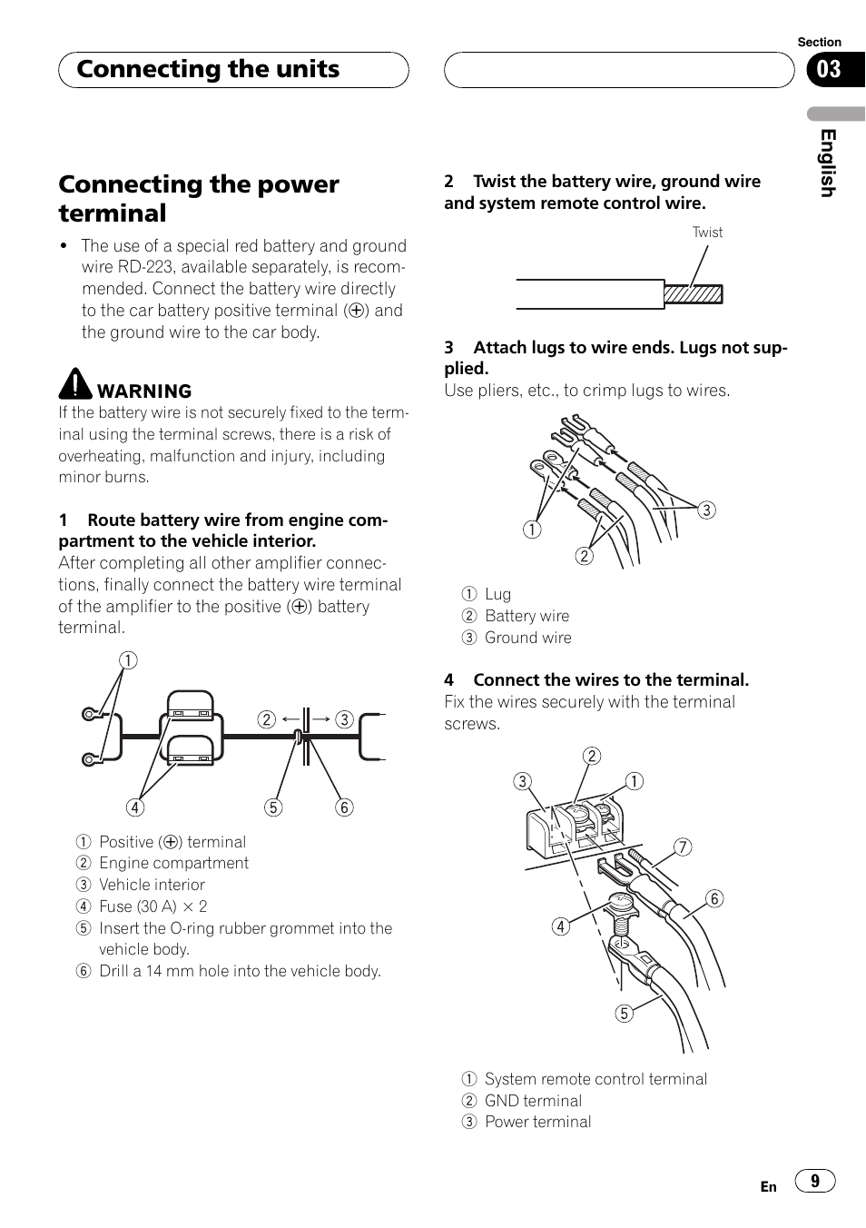 Connecting the power terminal, Connecting the units | Pioneer GM-D8500M User Manual | Page 9 / 88
