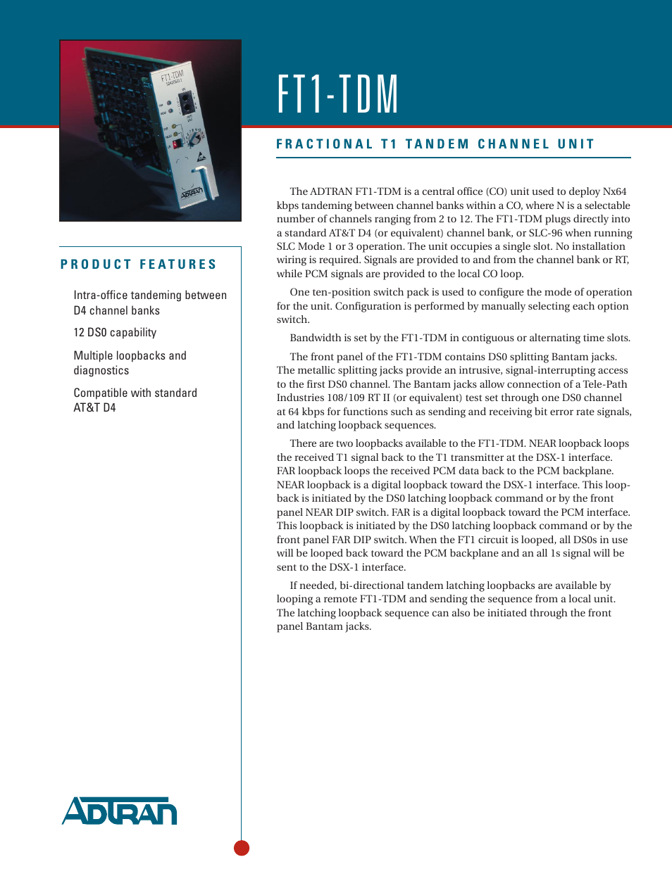 ADTRAN Fractional T1 Tandem Channel Unit FT1-TDM User Manual | 2 pages