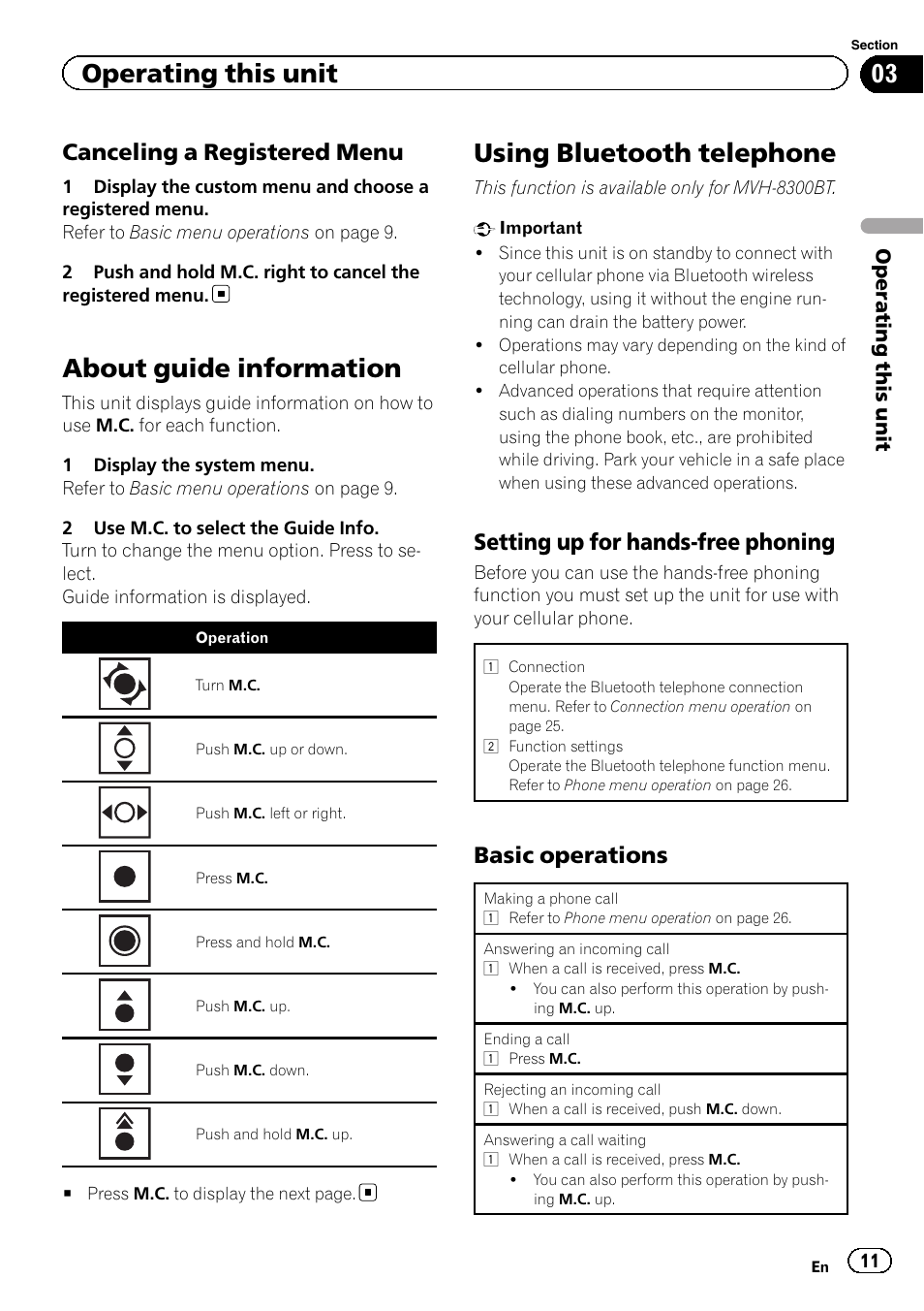 Canceling a registered menu 11, About guide information, Using bluetooth telephone | Setting up for hands-free phoning 11, Basic operations 11, Operating this unit, Canceling a registered menu, Setting up for hands-free phoning, Basic operations | Pioneer MVH-7300 User Manual | Page 11 / 52
