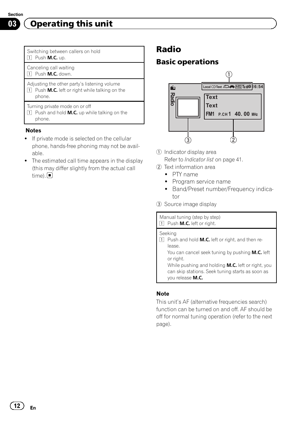 Radio, Basic operations 12, 03 operating this unit | Basic operations | Pioneer MVH-7300 User Manual | Page 12 / 52