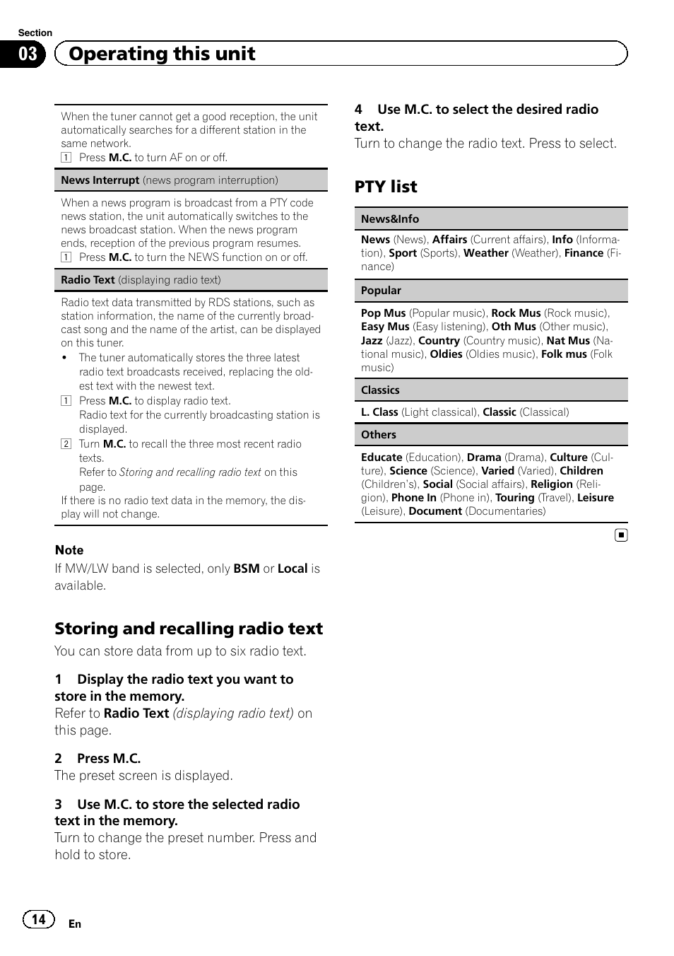 Storing and recalling radio text 14, Pty list 14, 03 operating this unit | Storing and recalling radio text, Pty list | Pioneer MVH-7300 User Manual | Page 14 / 52