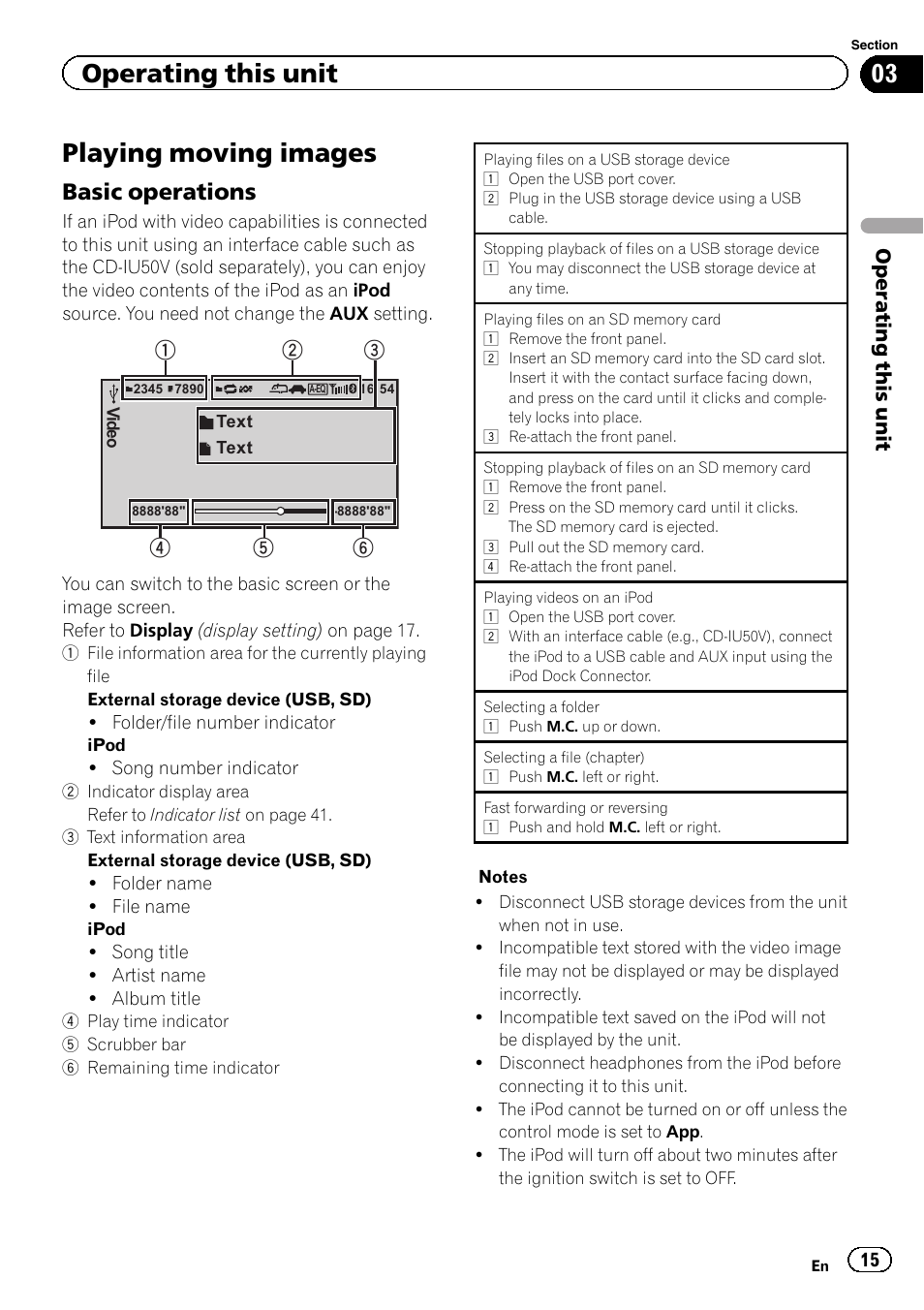 Playing moving images, Basic operations 15, Operating this unit | Basic operations | Pioneer MVH-7300 User Manual | Page 15 / 52