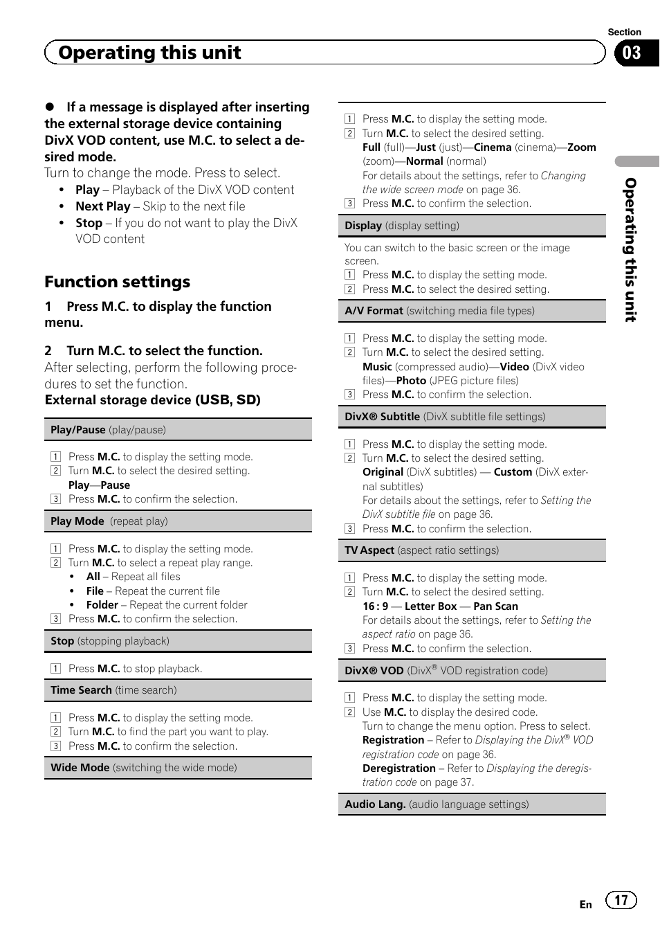 Function settings 17, A/v format (switching media file, Function settings | Operating this unit | Pioneer MVH-7300 User Manual | Page 17 / 52