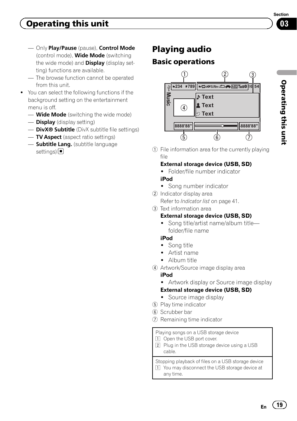 Playing audio, Basic operations 19, Operating this unit | Basic operations | Pioneer MVH-7300 User Manual | Page 19 / 52