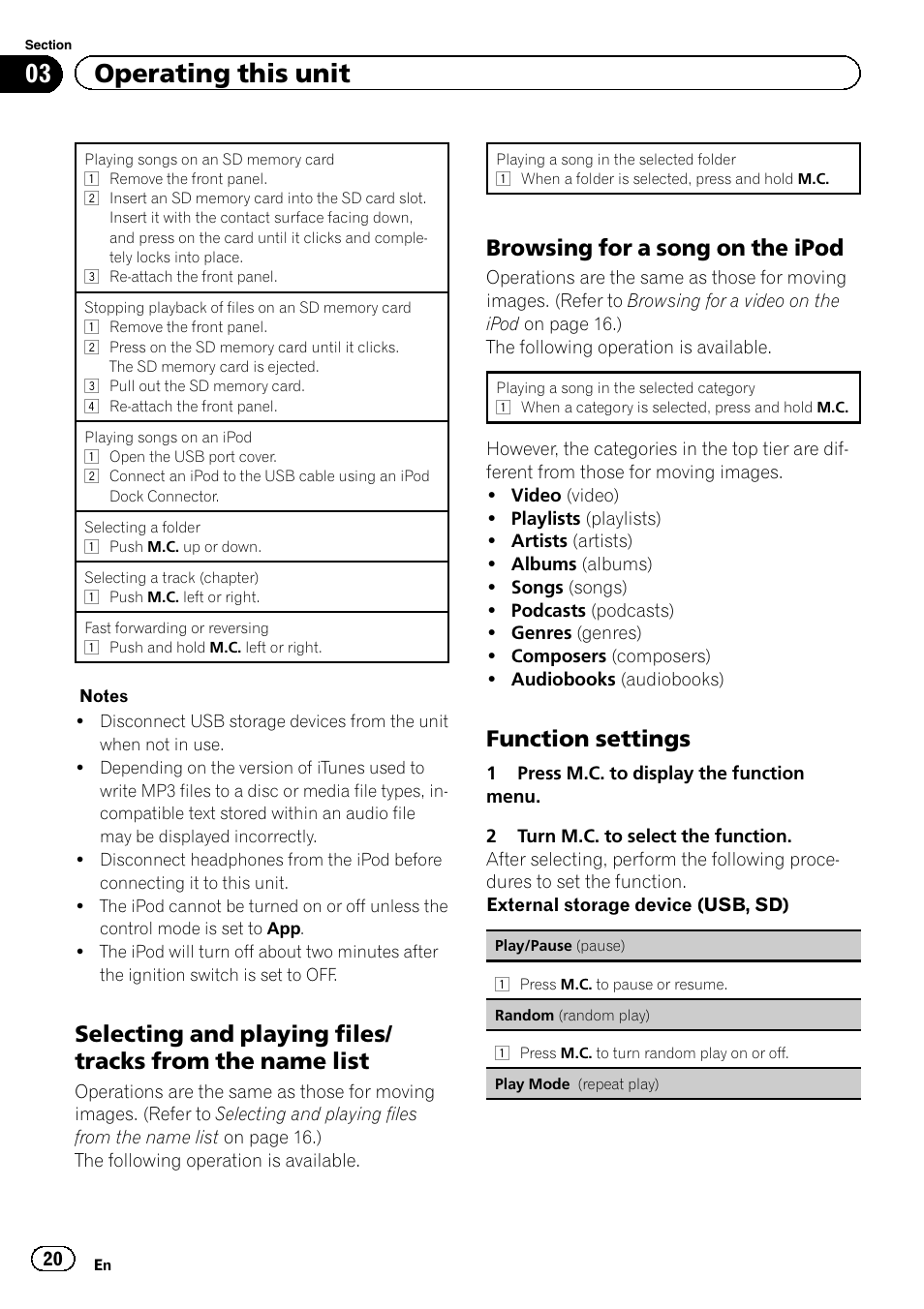 Selecting and playing files/tracks from, The name list, Browsing for a song on the ipod 20 | Function settings 20, 03 operating this unit, Browsing for a song on the ipod, Function settings | Pioneer MVH-7300 User Manual | Page 20 / 52