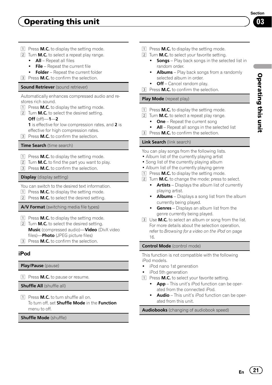 Operating this unit | Pioneer MVH-7300 User Manual | Page 21 / 52