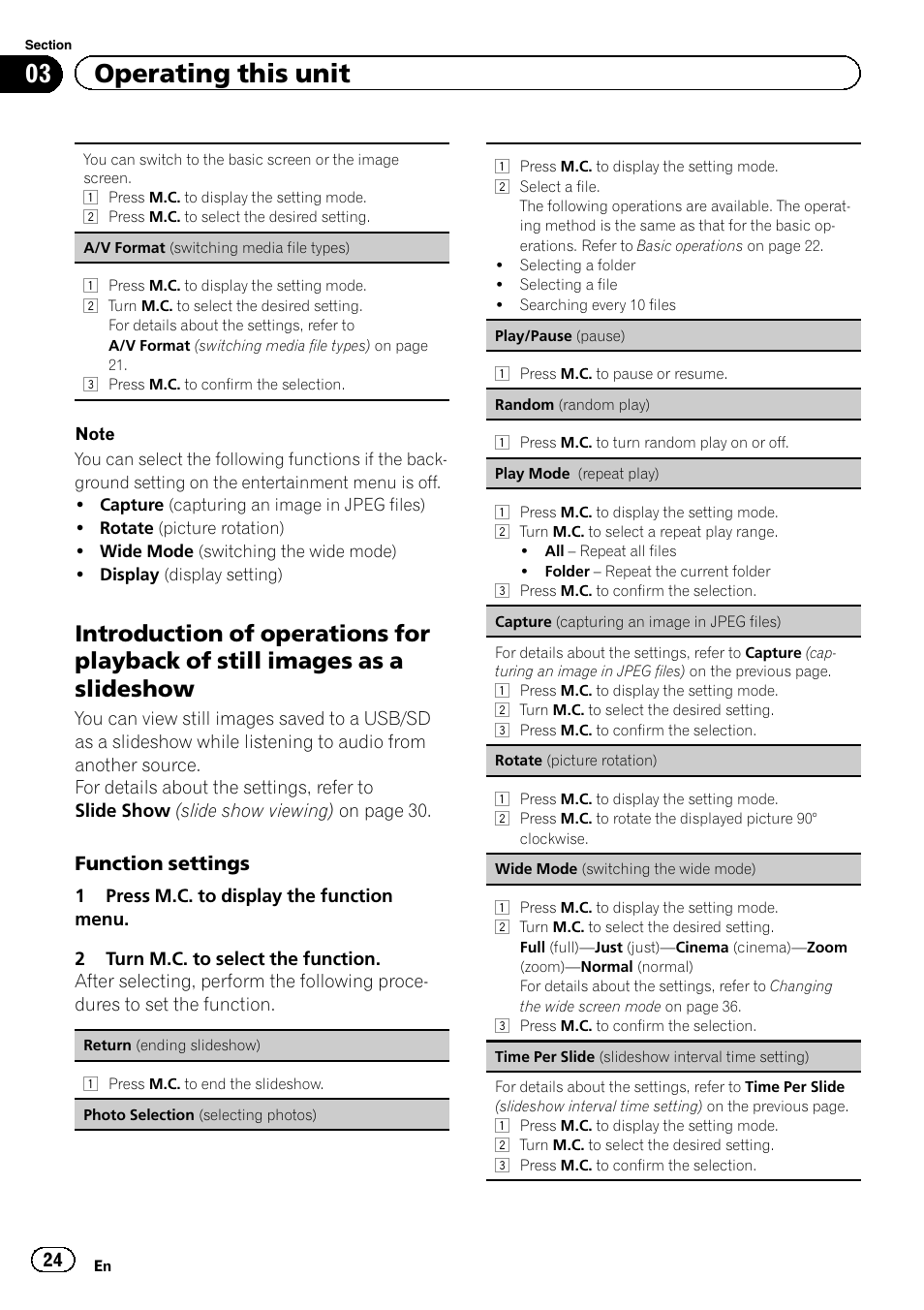 Introduction of operations for playback, Of still images as a slideshow, 03 operating this unit | Function settings | Pioneer MVH-7300 User Manual | Page 24 / 52