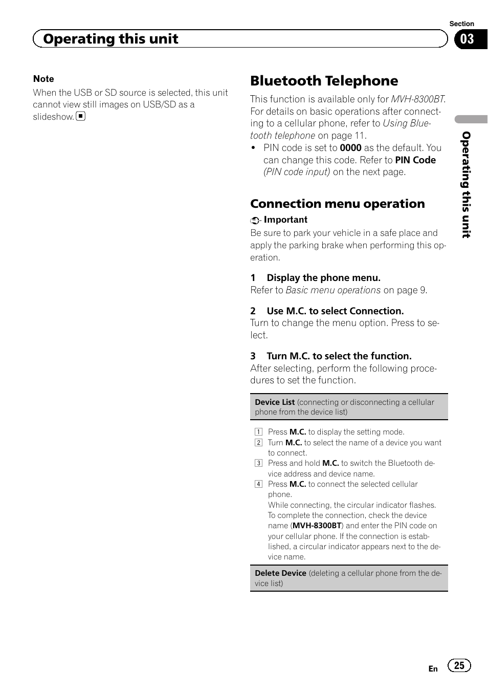 Bluetooth telephone, Connection menu operation 25, Operating this unit | Connection menu operation | Pioneer MVH-7300 User Manual | Page 25 / 52