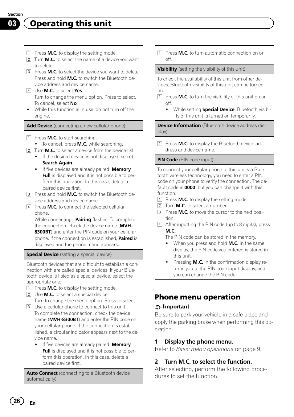 Phone menu operation 26, Pin code, 03 operating this unit | Phone menu operation | Pioneer MVH-7300 User Manual | Page 26 / 52