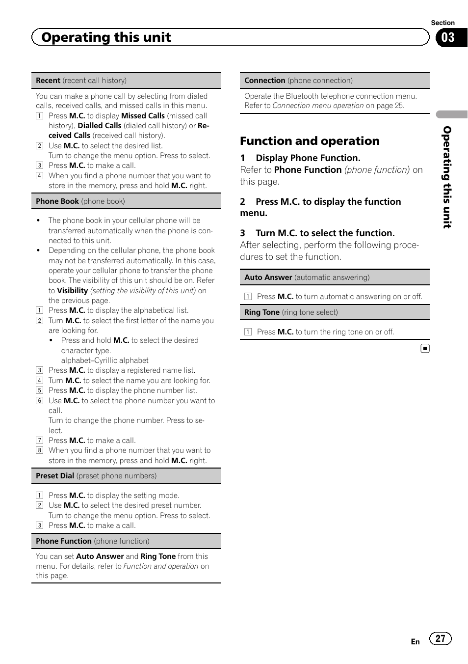 Function and operation 27, Function and operation, Operating this unit | Pioneer MVH-7300 User Manual | Page 27 / 52