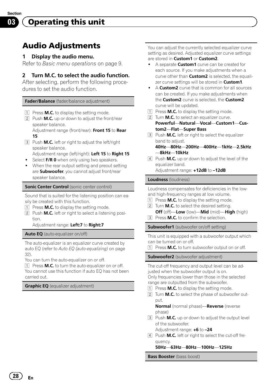 Audio adjustments, 03 operating this unit | Pioneer MVH-7300 User Manual | Page 28 / 52