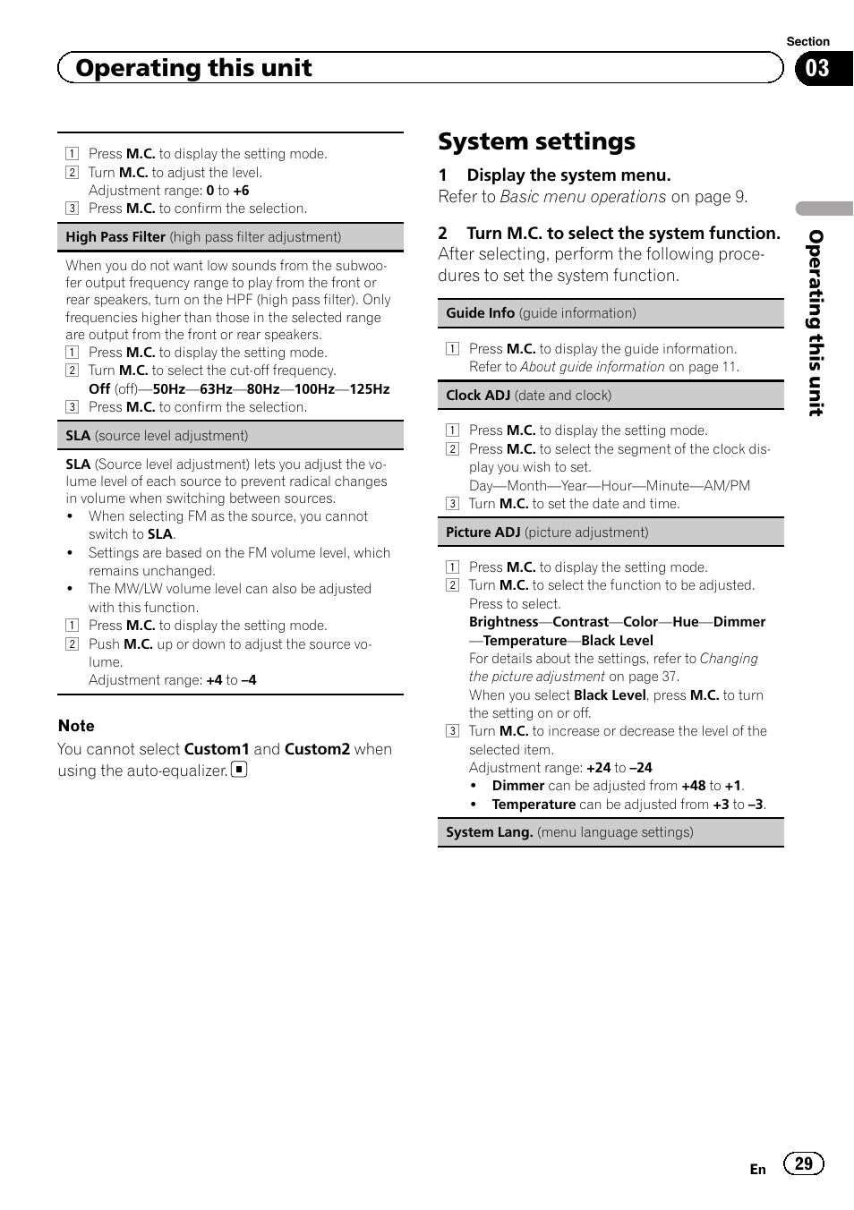 System settings, Operating this unit | Pioneer MVH-7300 User Manual | Page 29 / 52
