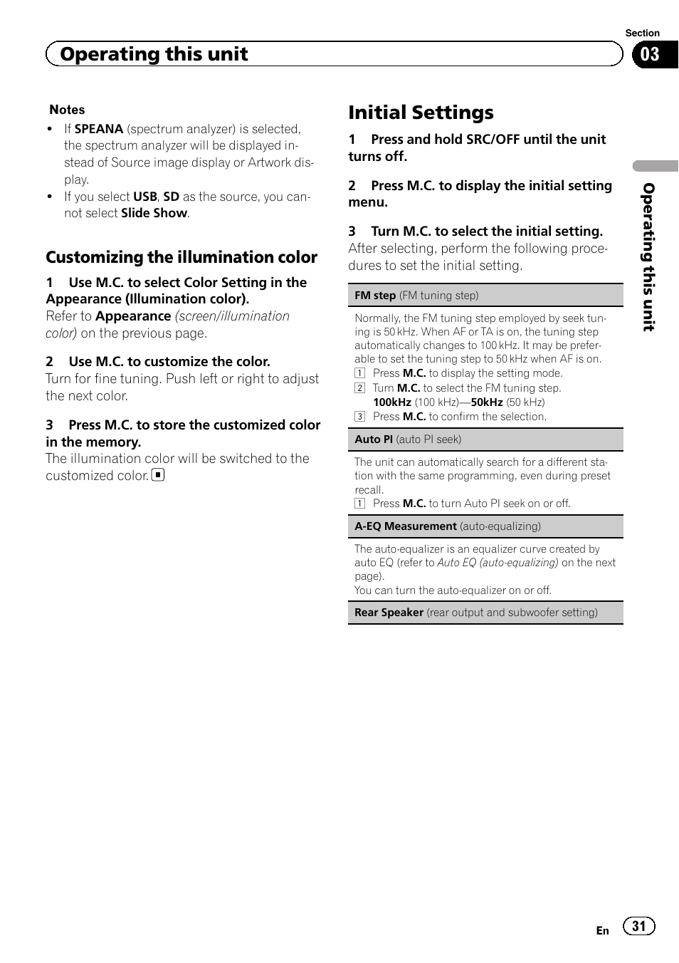 Customizing the illumination color 31, Initial settings, Operating this unit | Customizing the illumination color | Pioneer MVH-7300 User Manual | Page 31 / 52