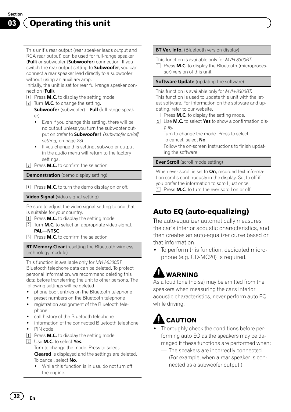 Auto eq (auto-equalizing) 32, 03 operating this unit, Auto eq (auto-equalizing) | Warning, Caution | Pioneer MVH-7300 User Manual | Page 32 / 52