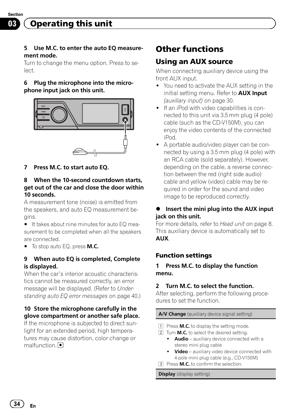 Other functions, Using an aux source 34, 03 operating this unit | Using an aux source | Pioneer MVH-7300 User Manual | Page 34 / 52