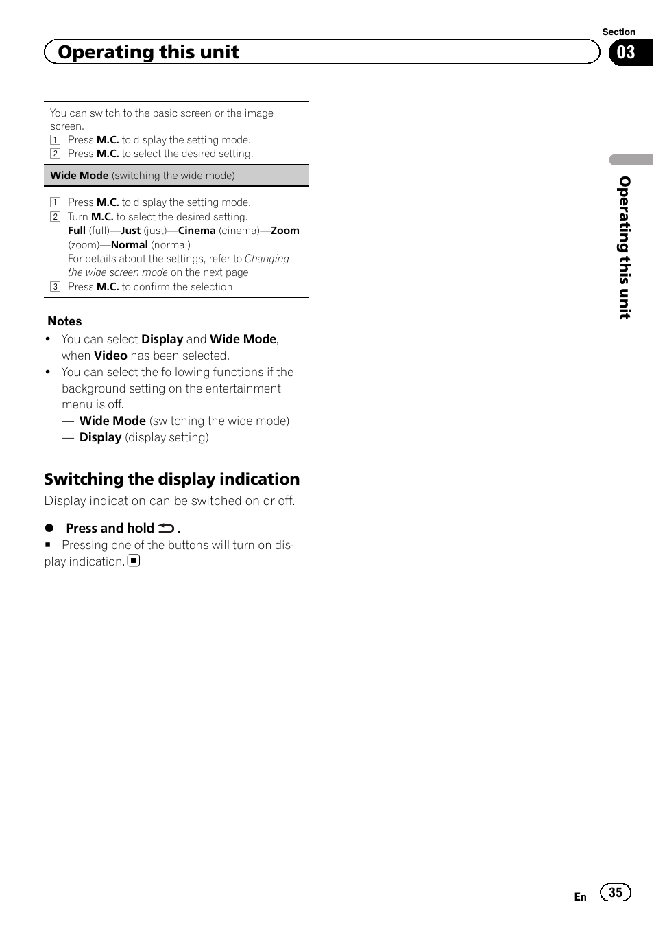 Switching the display indication 35, Operating this unit, Switching the display indication | Pioneer MVH-7300 User Manual | Page 35 / 52