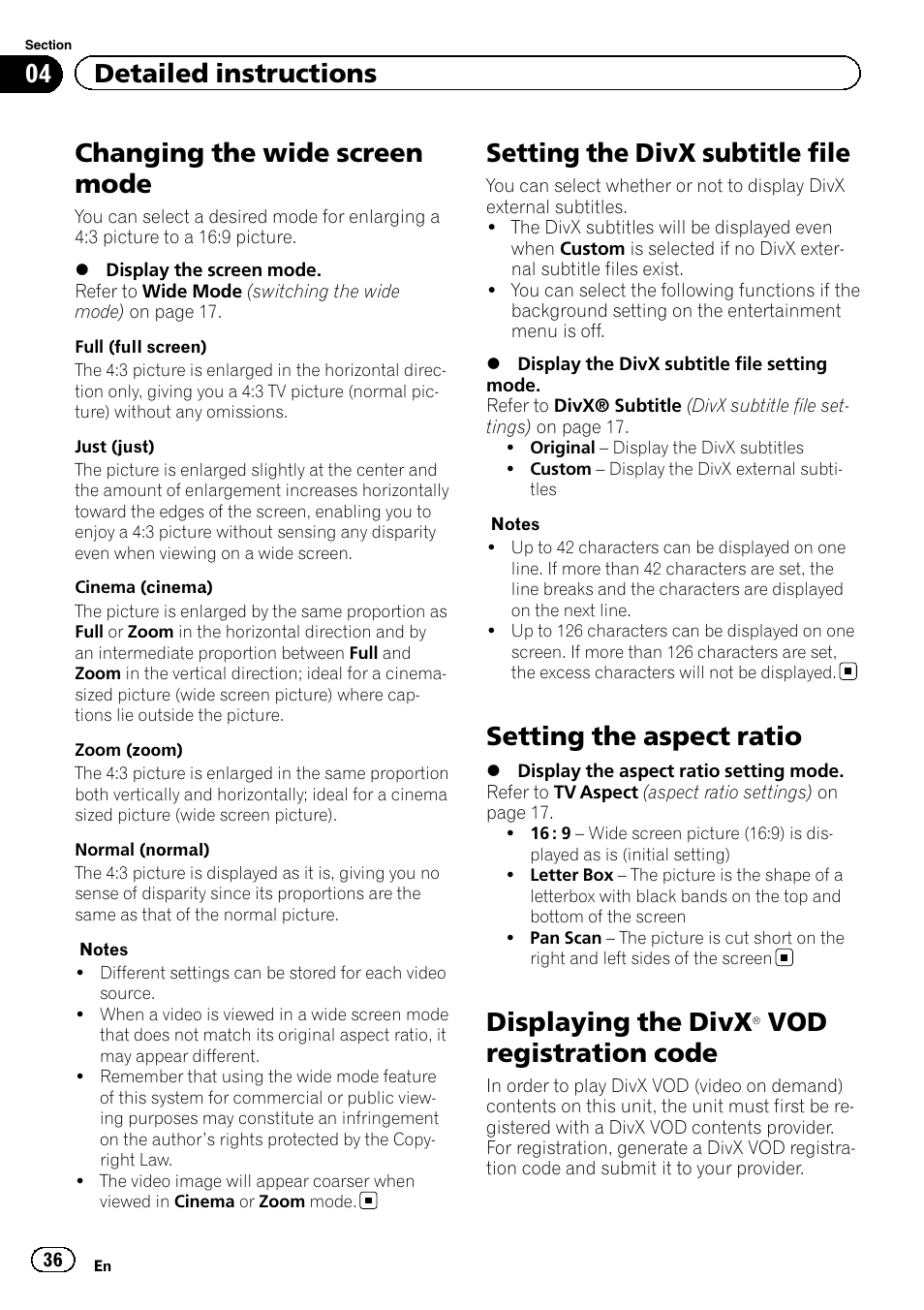 Setting the divx subtitle file, Setting the aspect ratio, Displaying the divx | Â vod registration, Code, Changing the wide screen mode, Vod registration code, 04 detailed instructions | Pioneer MVH-7300 User Manual | Page 36 / 52