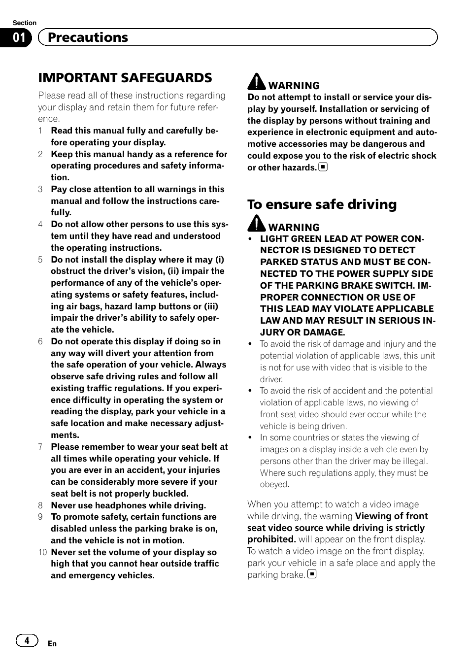 Precautions, Important safeguards, To ensure safe driving | 01 precautions | Pioneer MVH-7300 User Manual | Page 4 / 52